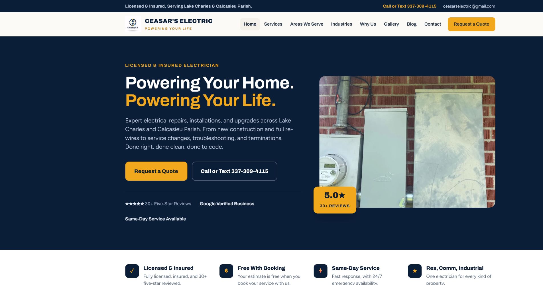Ceasar's Electric lead-generation website on desktop