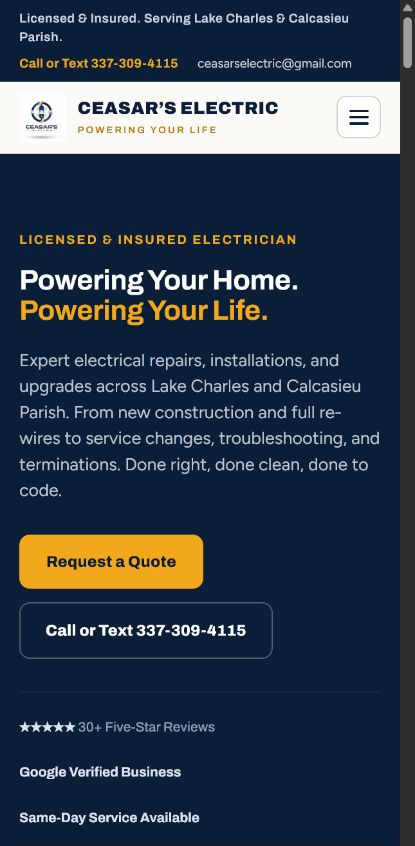 Ceasar's Electric responsive website on mobile