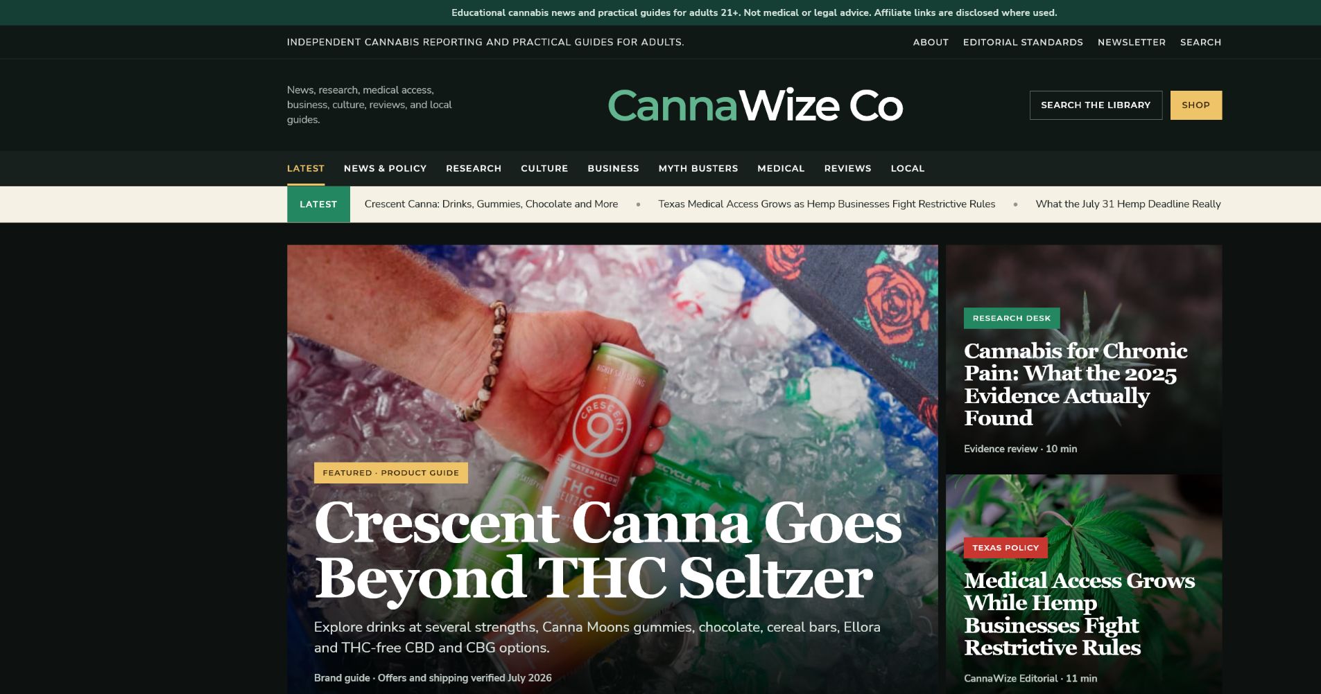CannaWize Co independent journalism homepage redesign on desktop