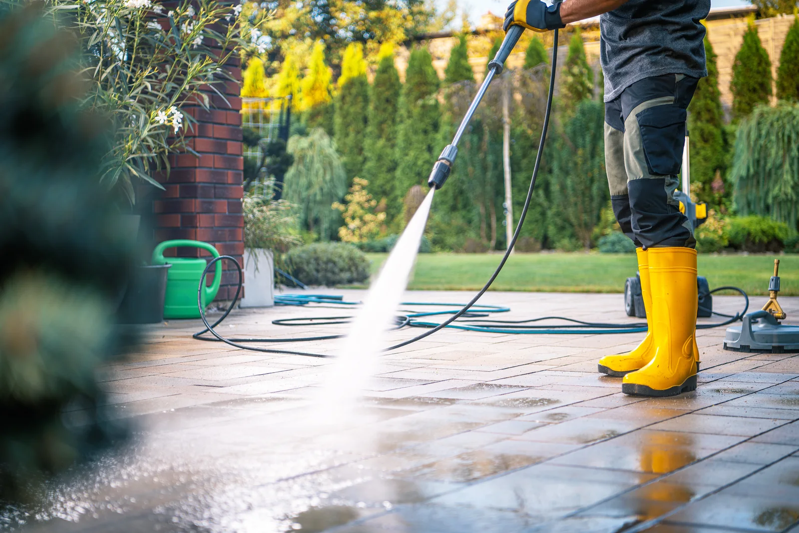 Pressure washing professional cleaning a residential patio