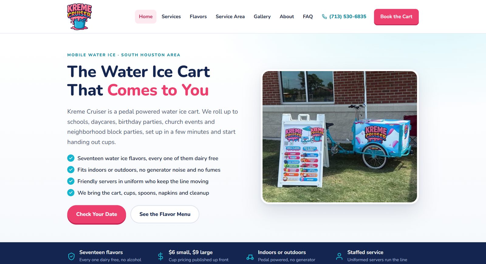 Kreme Cruiser mobile water ice cart website built by Rank Forge Marketing, desktop view