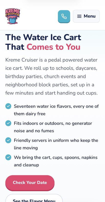 Kreme Cruiser mobile water ice cart website built by Rank Forge Marketing, mobile view