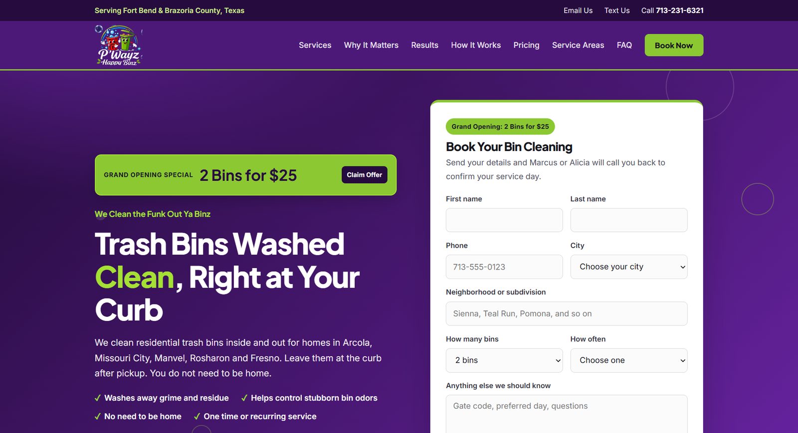 P'Wayz Happy Binz trash bin cleaning website built by Rank Forge Marketing, desktop view