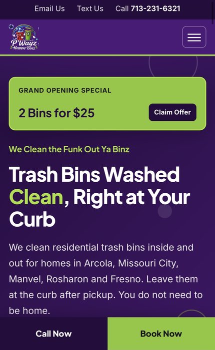 P'Wayz Happy Binz trash bin cleaning website built by Rank Forge Marketing, mobile view